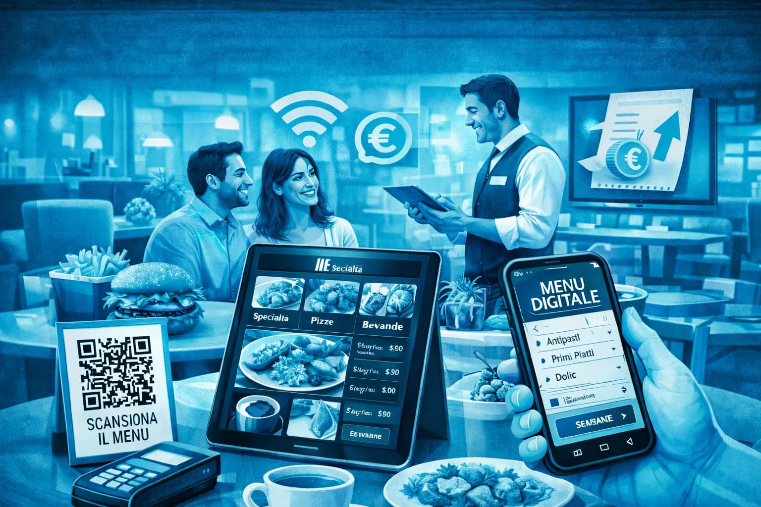 Un tavolo di ristorante moderno con un QR code per accedere al menu digitale