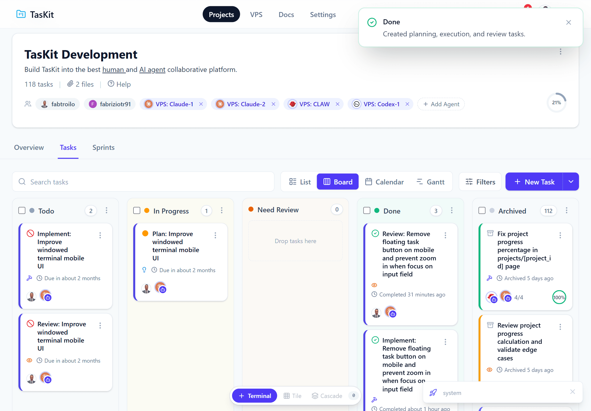 Kanban board with live agent activity