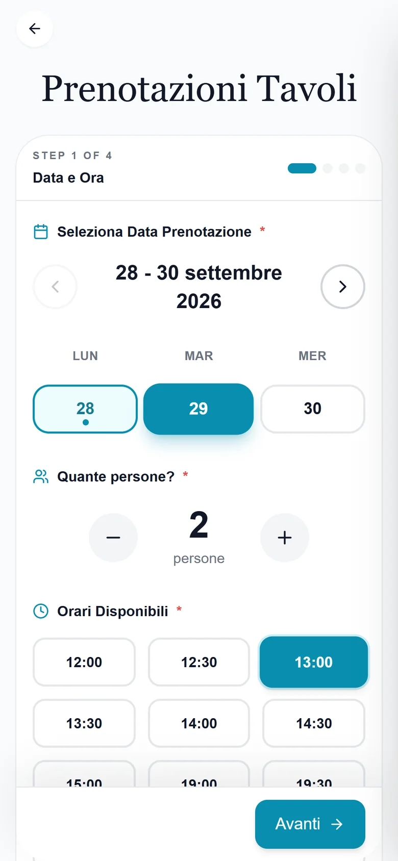 Booking, step 1: date, party size and time