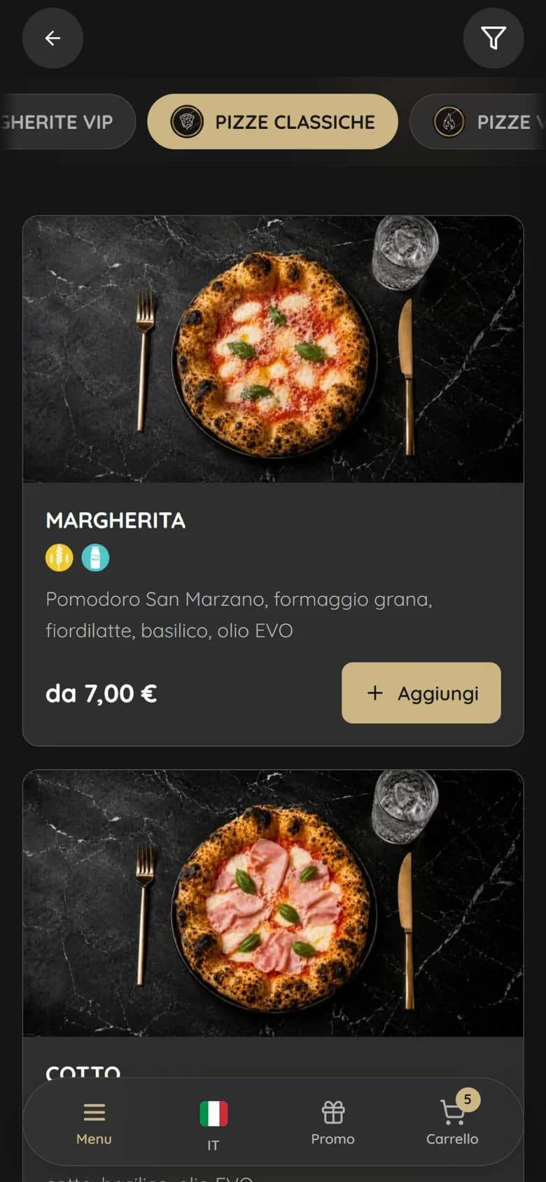VIP Pizzeria menu on a phone